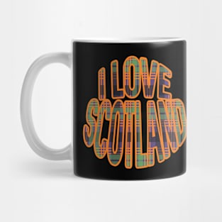 I LOVE SCOTLAND Purple, Orange and Green Tartan Colour Typography Design Mug